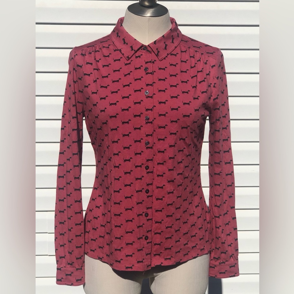 Boden Size US 8/UK 12 - Pink Long Sleeve Button Down Top with Dachshunds